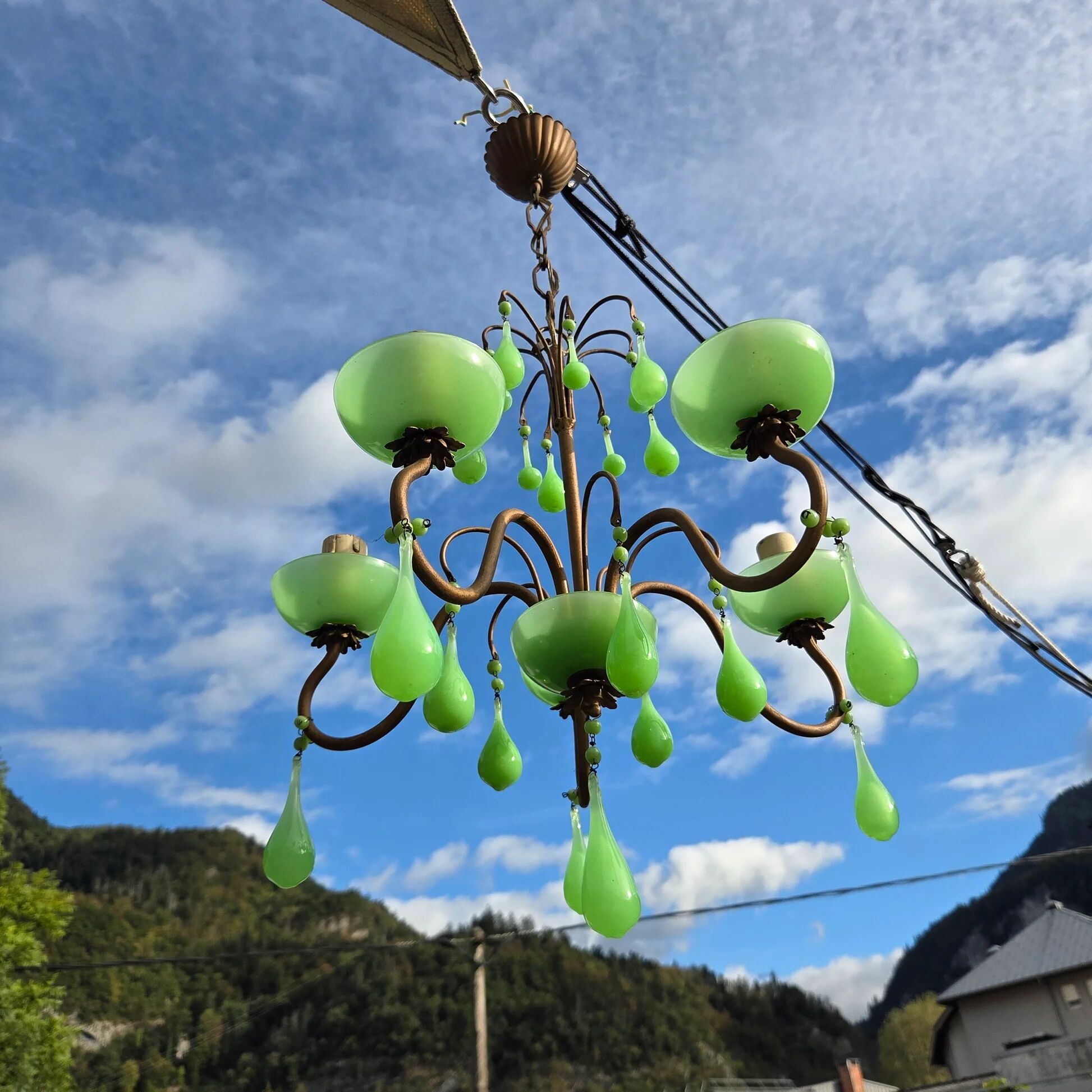 Italian chandelier with 5 lights in green opaline glass with uranium - ouraline