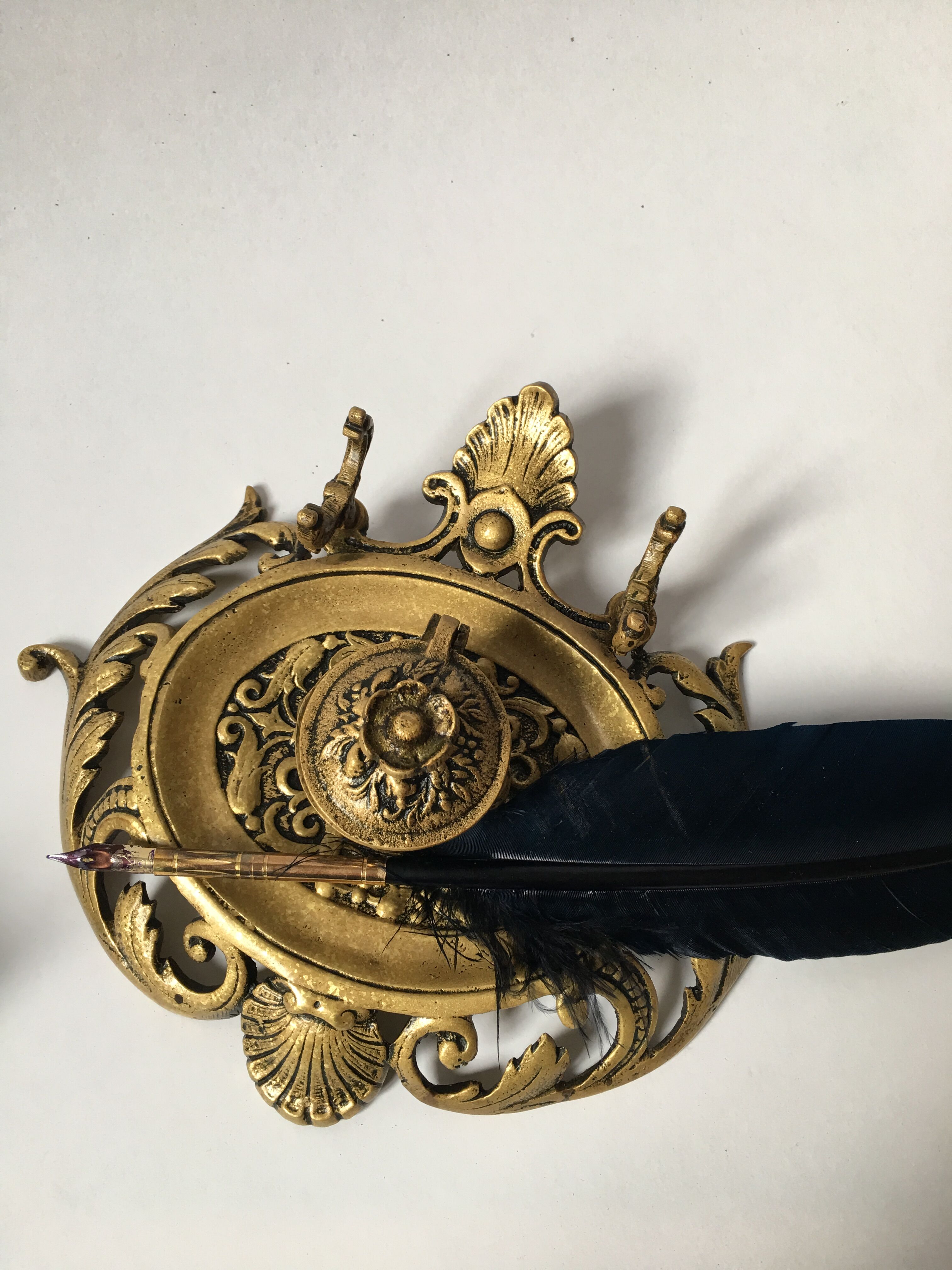 Vintage writing kit - Old inkwell and neoclassical ink pad in gilded bronze XIXth