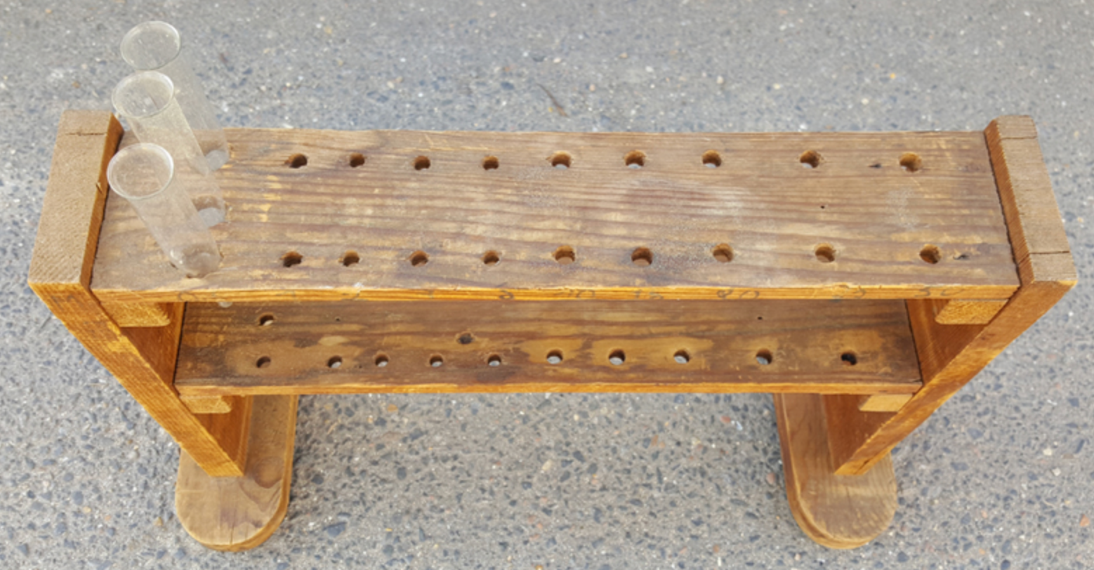 Furniture: test tube shelf, wood, vintage