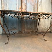Table à manger Art Déco en fer forgé avec verre noir, années 1930