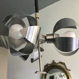 Space-age pendant lamp with 3 stainless steel lights and brushed aluminum adjustable in height - design 1970