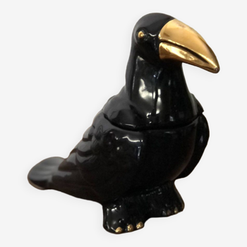 Boîte à bijoux bonbonnière en céramique forme oiseau noir et doré