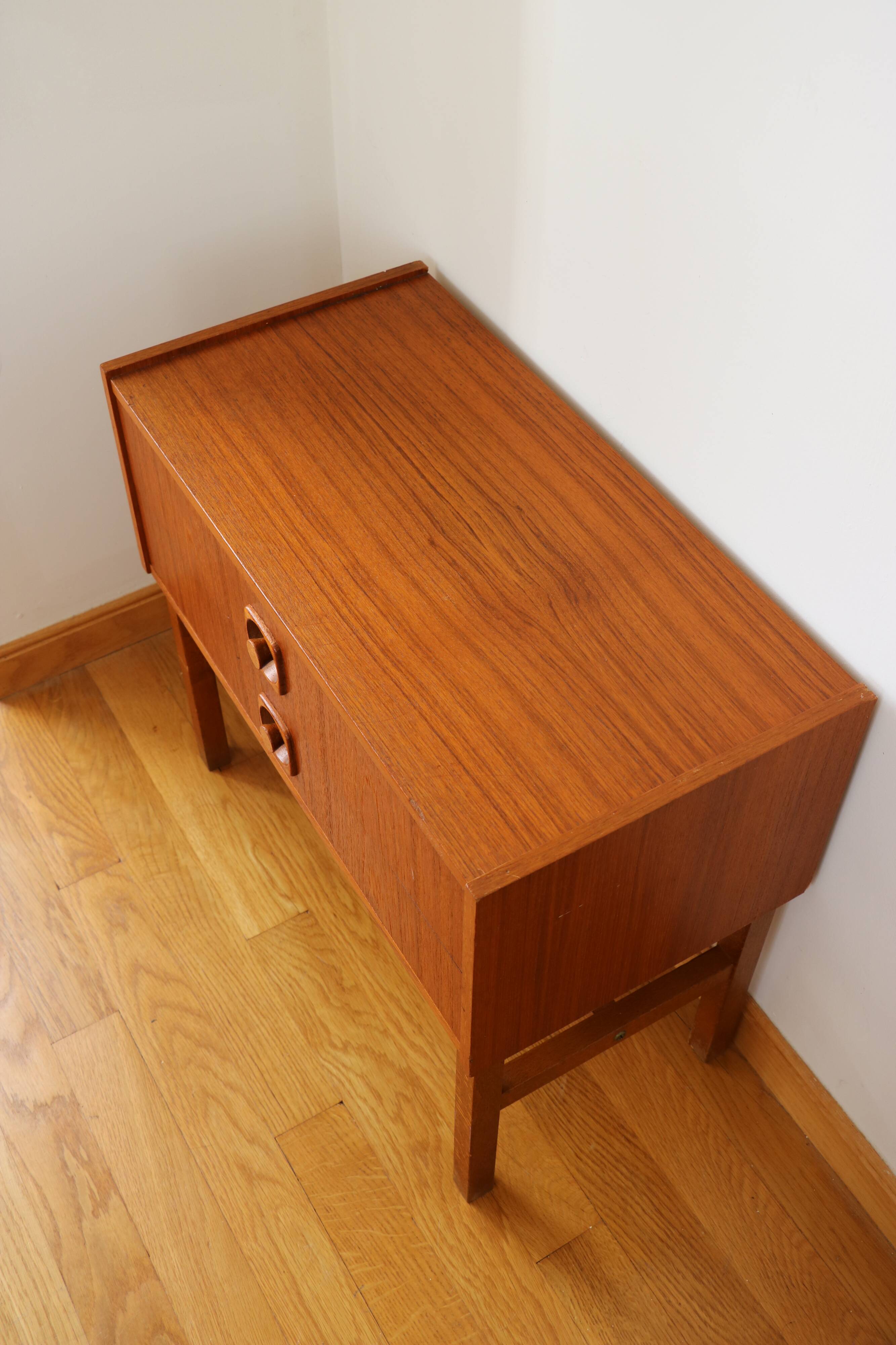 Bedside table, small Scandinavian chest of drawers, 1960, teak.