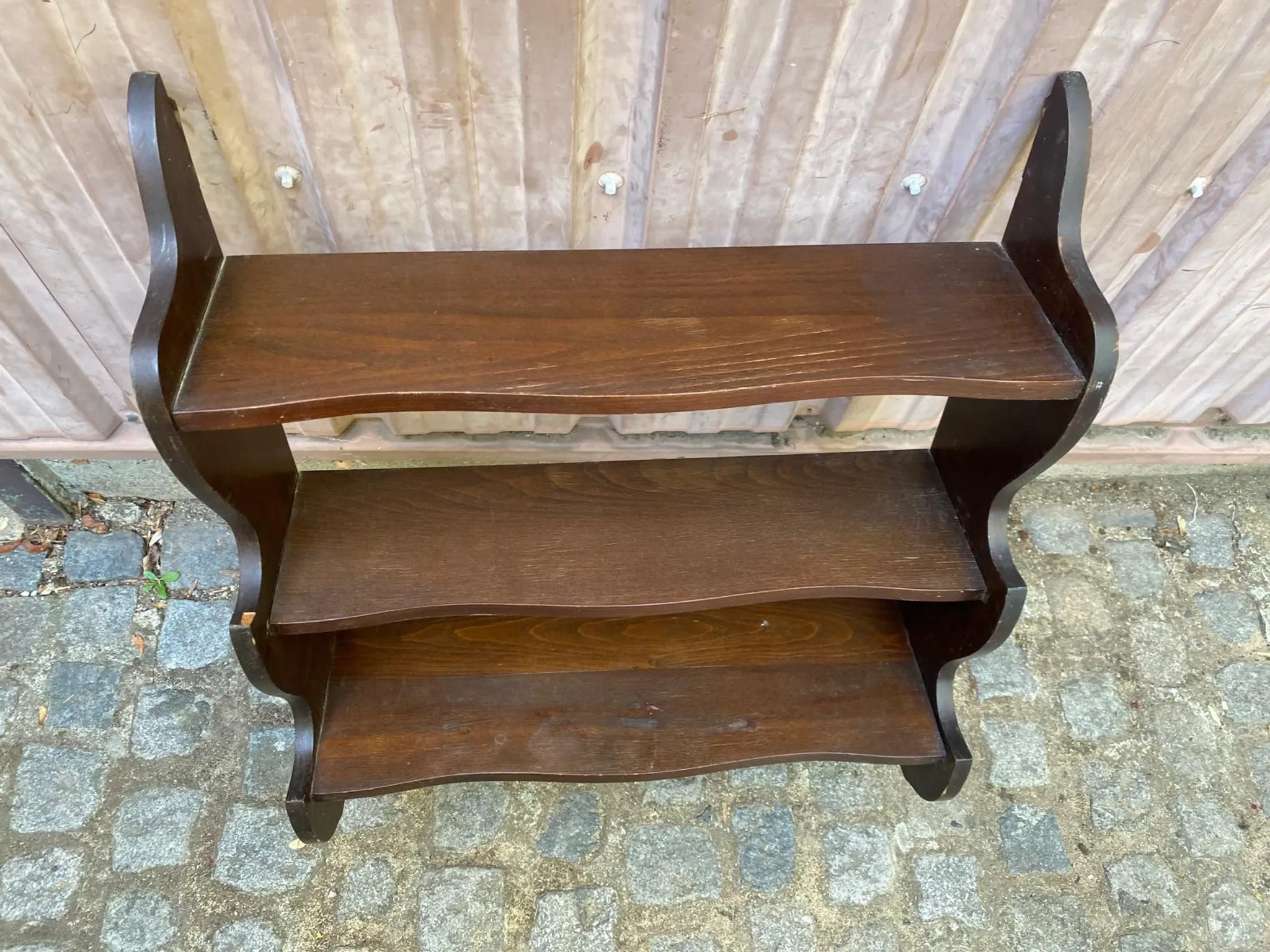 Vintage wall shelf with ornate cutouts in dark wood, 68x88cm, 3 levels, 1950.