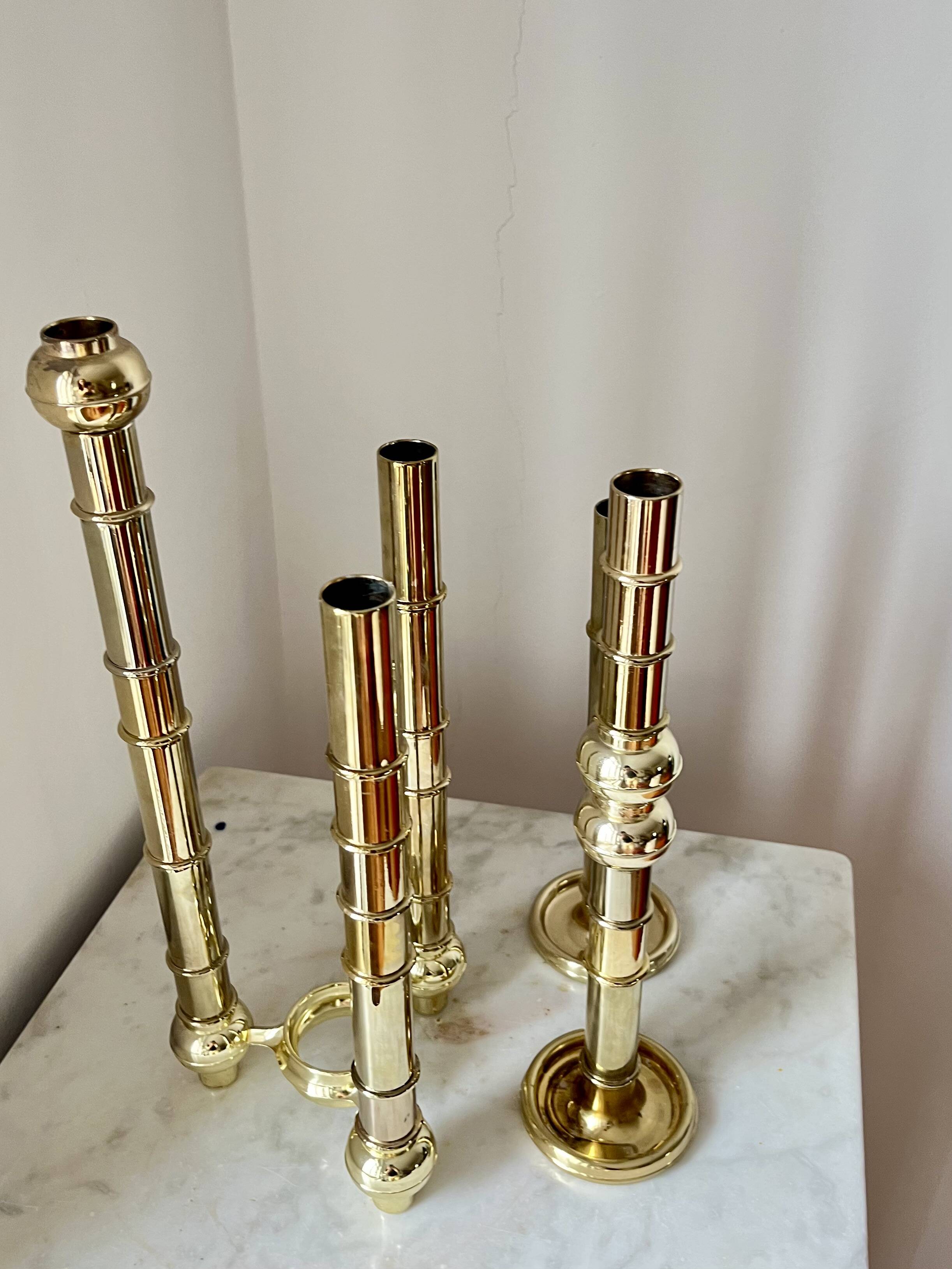 Very Rare Modular Scandinavian Brass Candlestick, 33-Piece Mid-Century Plug