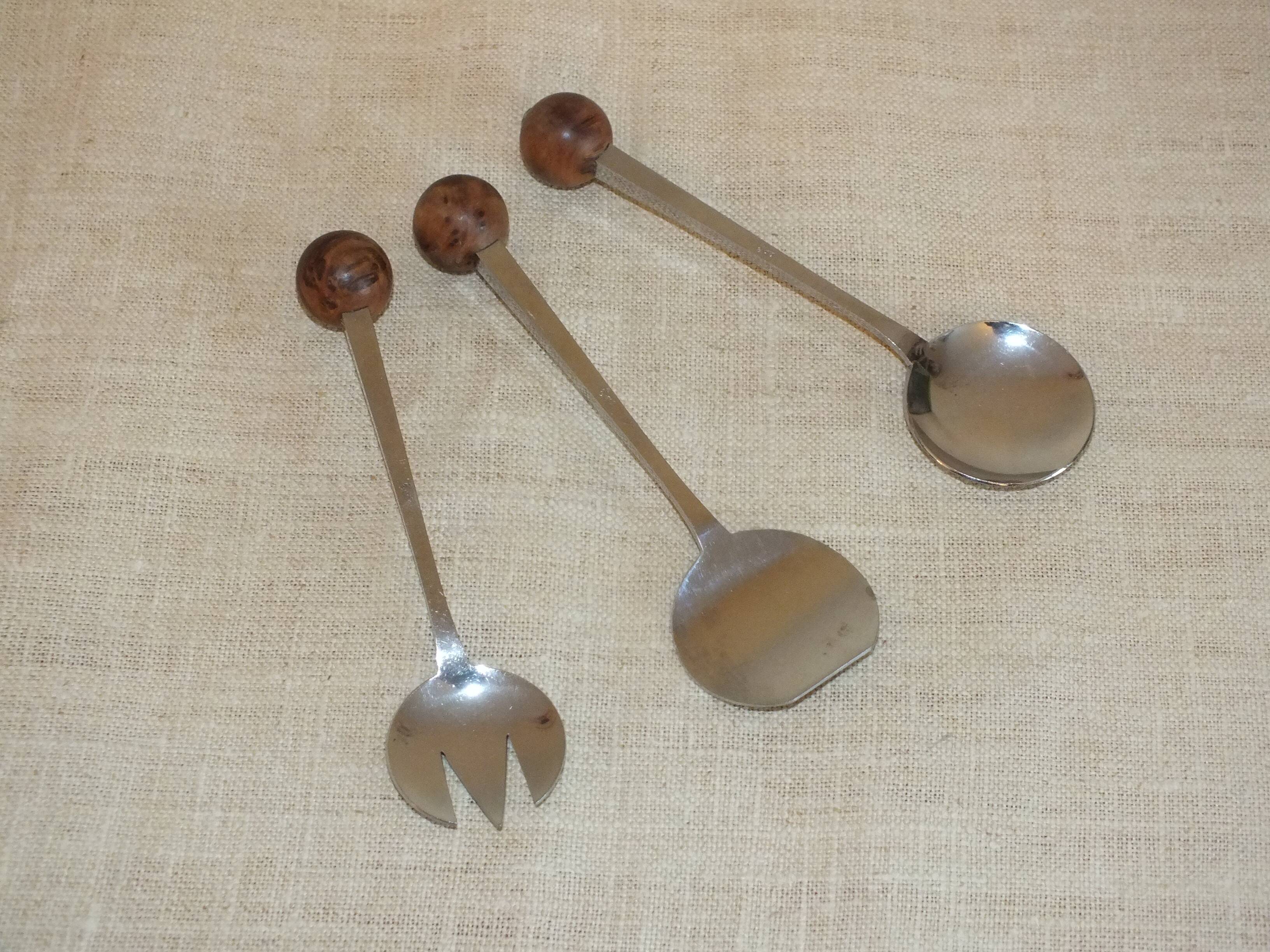 3 condiment cutlery 1970 Eloi Pernet stainless steel and wood