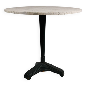 Vintage travertine bistro/dining  table, solid metal base. (A)