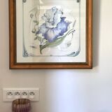 Iris flower on paper with vintage wooden frame