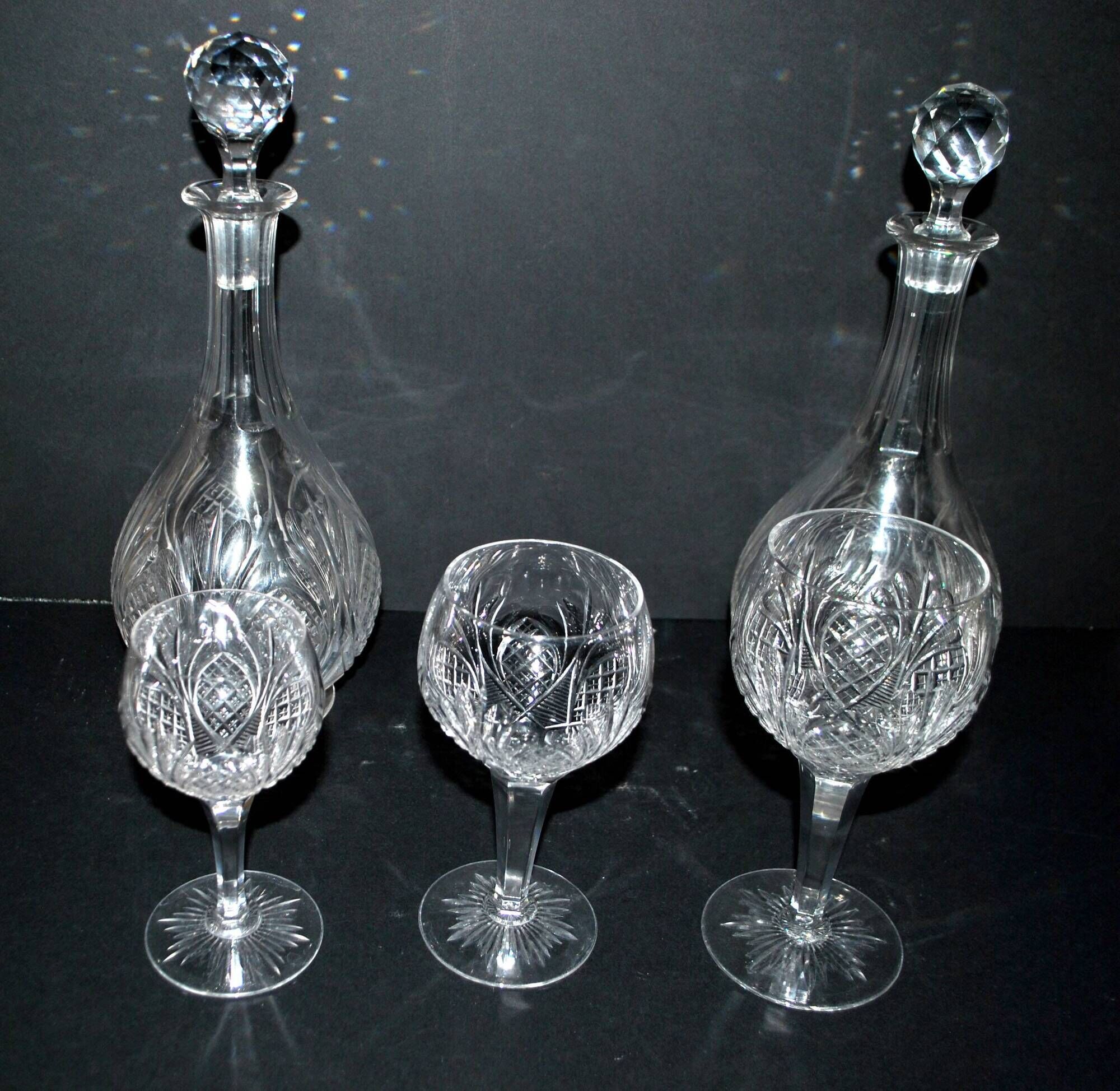 Baccarat set of 35 crystal glasses + 2 flower model carafes 9157 from 1907