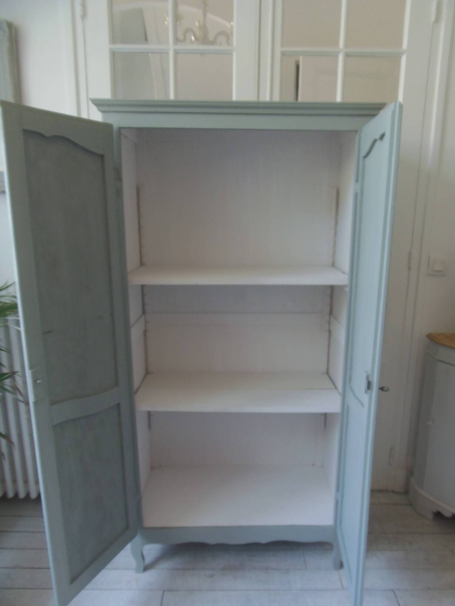 Wardrobe, dresser, vintage linen 2 doors green gray waxed finish.