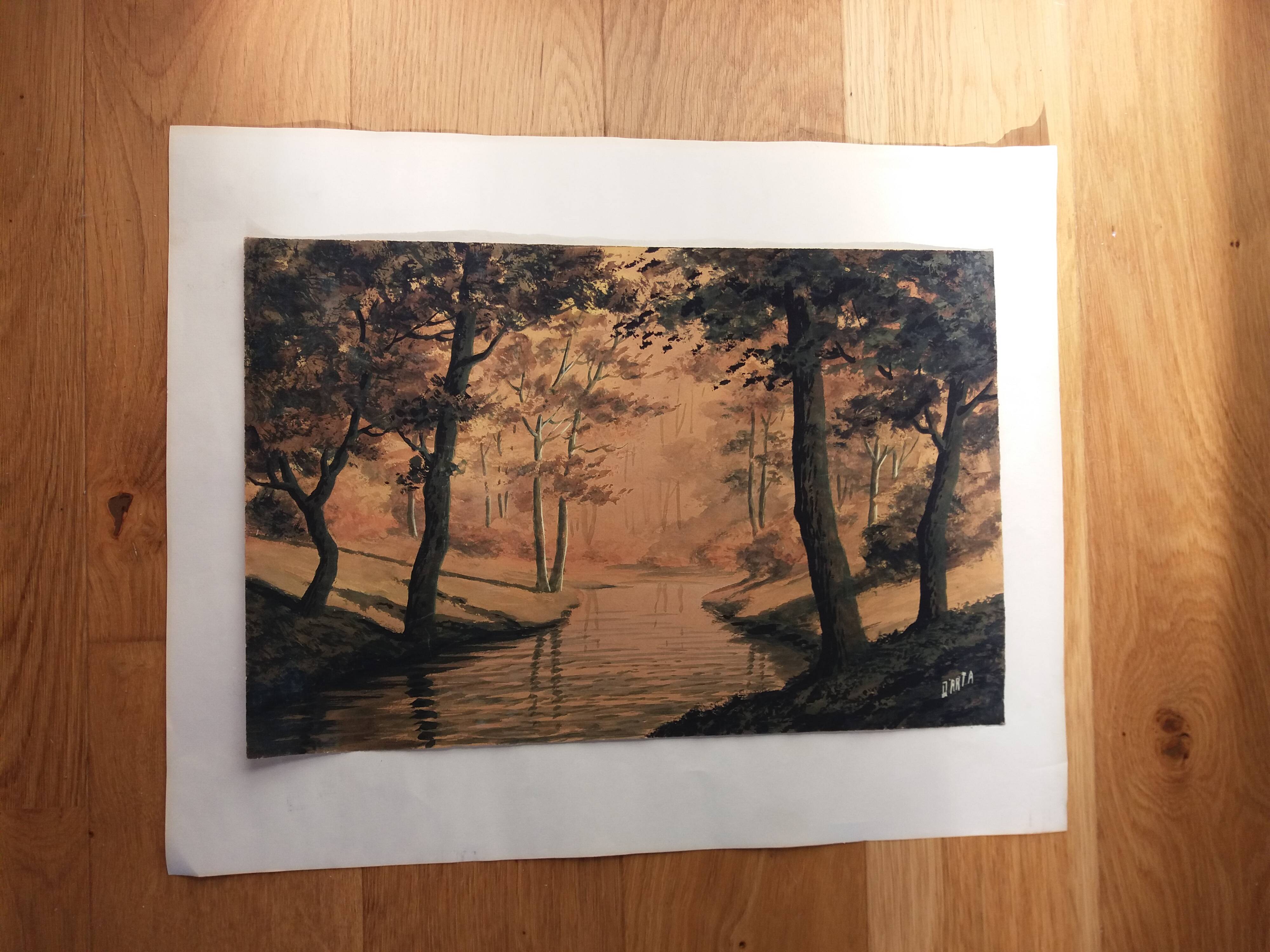Watercolor signed Darta landscape river and forest