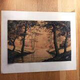 Watercolor signed Darta landscape river and forest