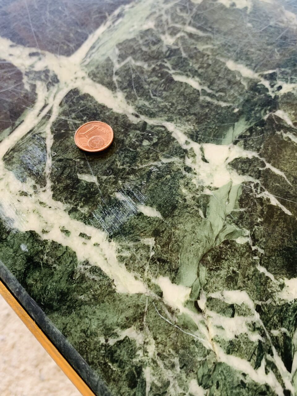 Mid-century coffee table in green marble and brass, 1960s