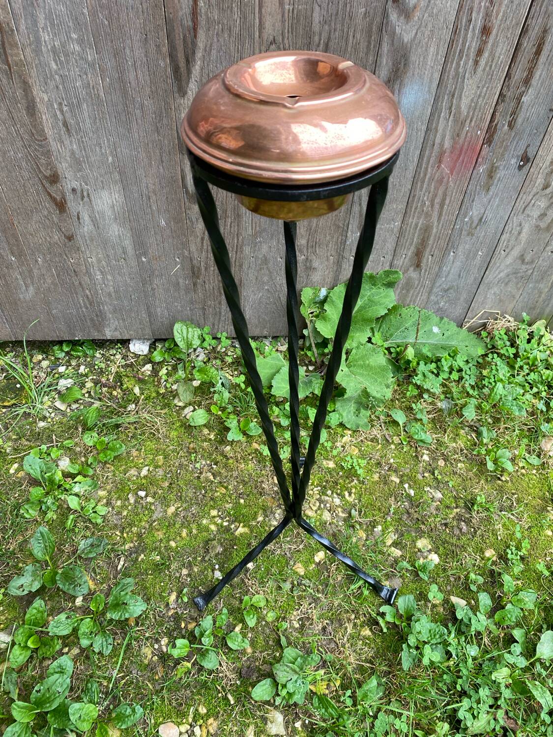 Antique copper ashtray on wrought iron stand twisted black vintage