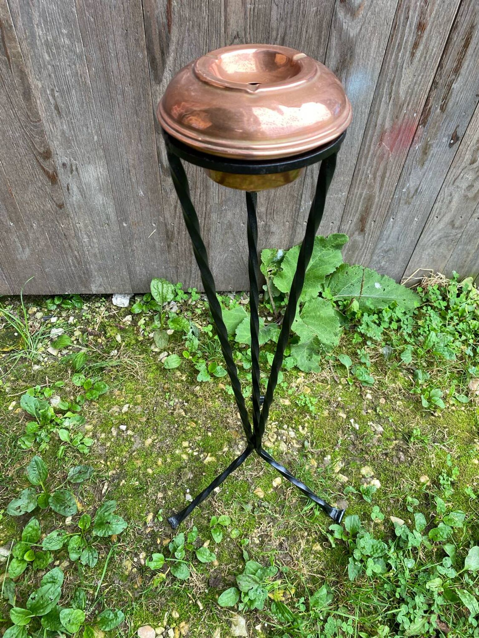 Antique copper ashtray on wrought iron stand twisted black vintage