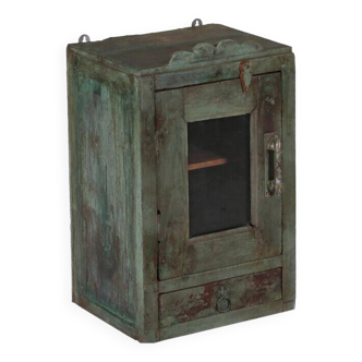 Antique green display case made of old teak wood, piece and patina of Indian origin