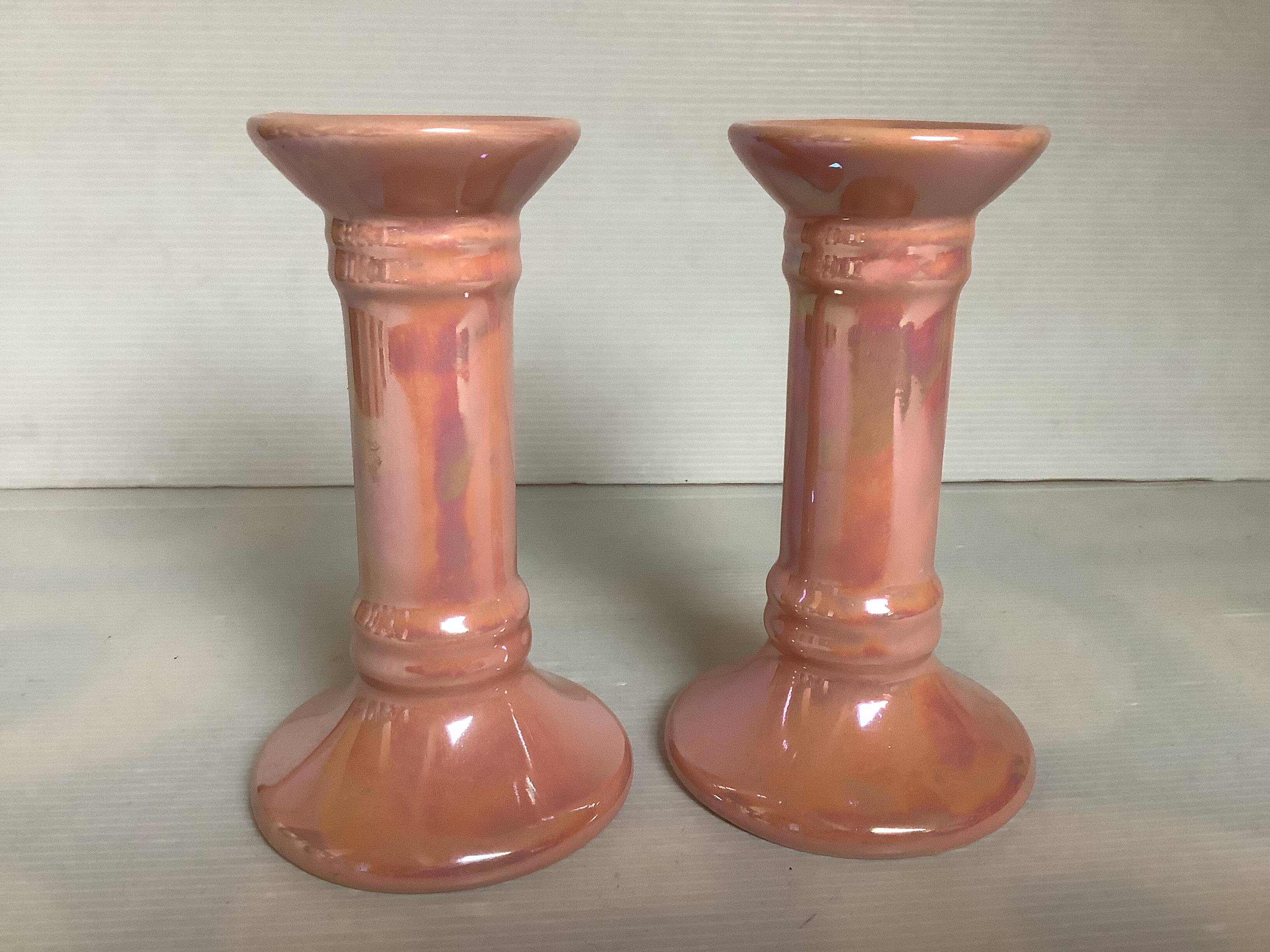 Pair of iridescent pearly pink candlesticks from the 70s