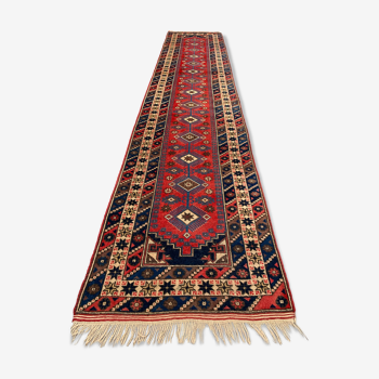 Turkish runner 475x97 cm tribal rug, red, beige, blue, vintage