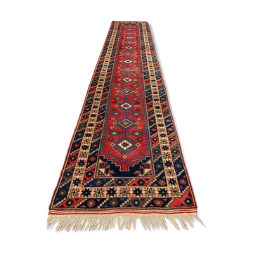 Turkish runner 475x97 cm tribal rug, red, beige, blue, vintage