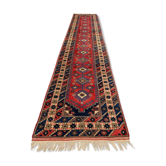 Turkish runner 475x97 cm tribal rug, red, beige, blue, vintage