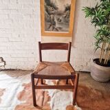 Chaises de salle à manger rustiques en teck et jonc de style français du milieu du siècle (x6)