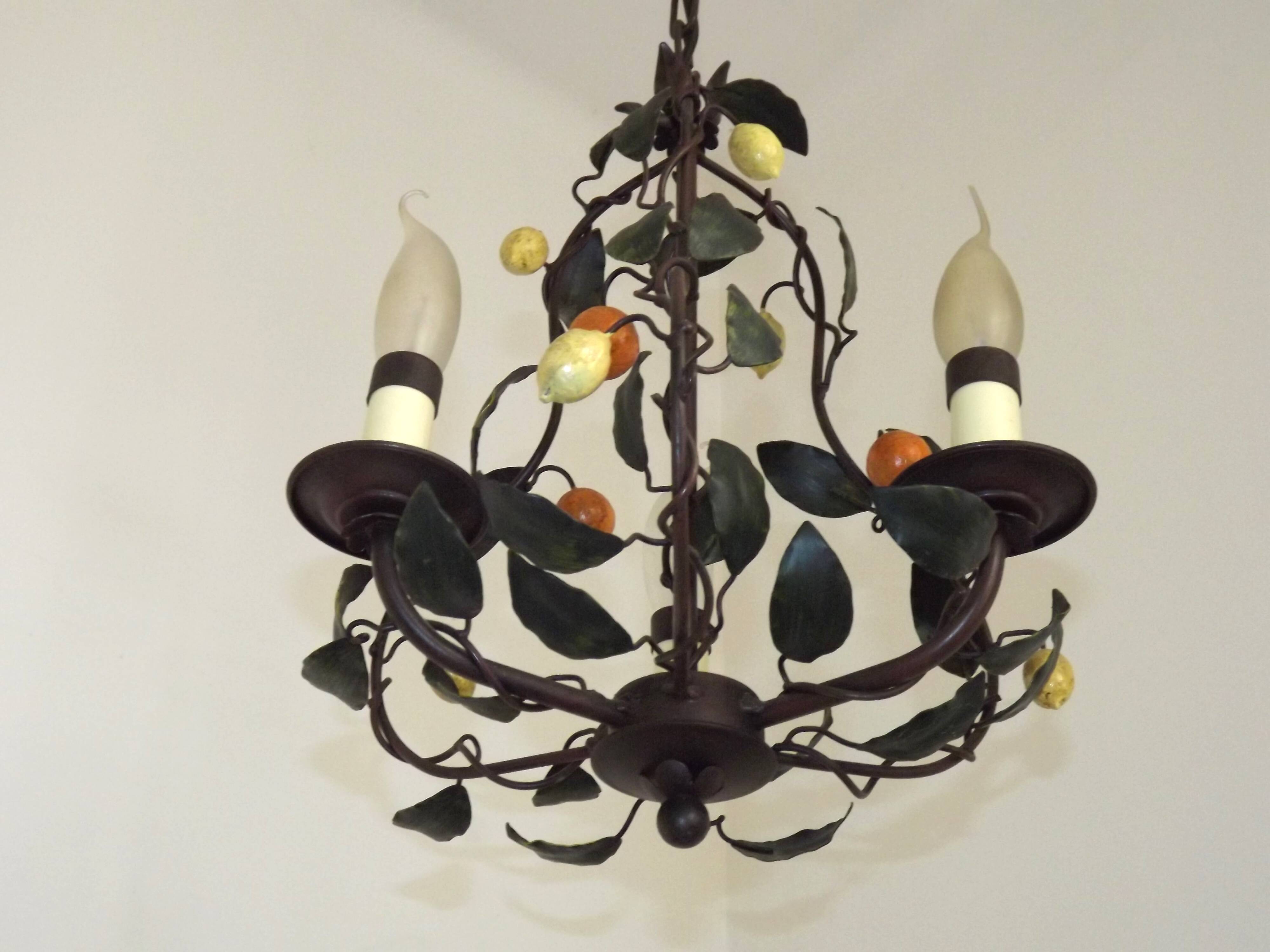 Lustre français à 3 lumières, brun clair, avec feuilles vertes, citrons et oranges 5473