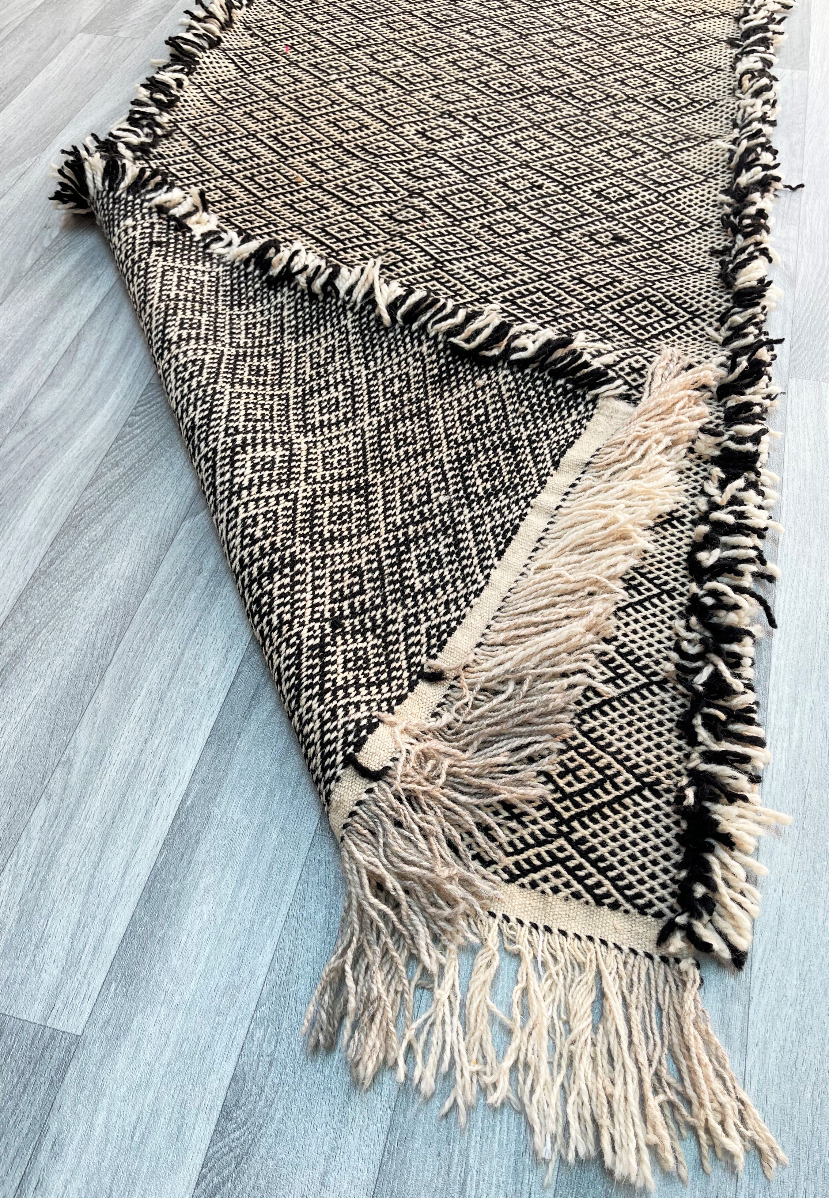 Zanafi Runner Rug, handmade Moroccan rug, flat Berber wool runner, geometric rug.