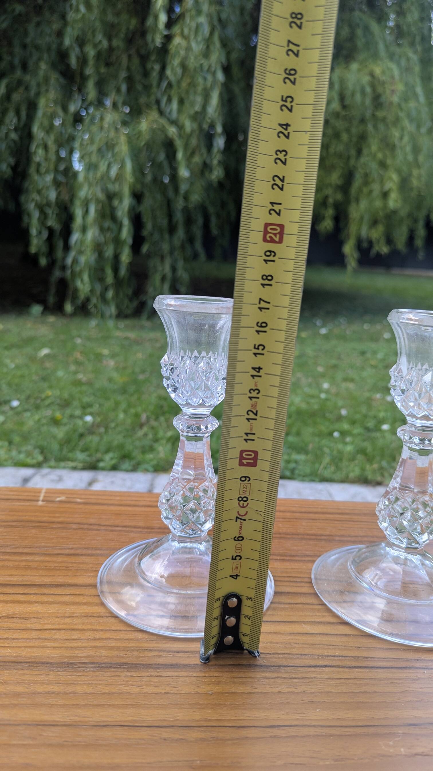 Pair of vintage glass candlesticks – Diamond point style