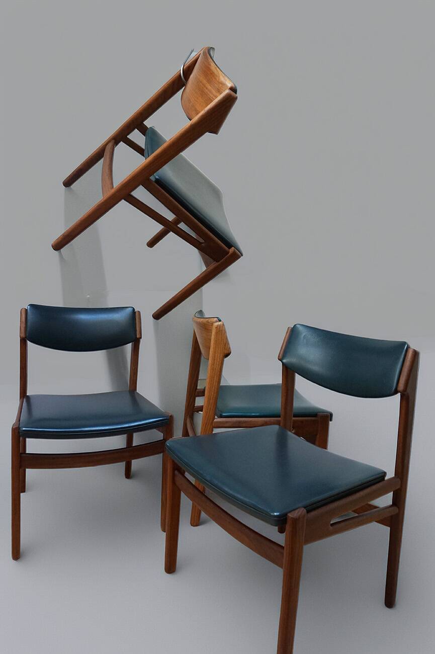 Set of 4 Scandinavian Teak and Green Leatherette Dining Chairs