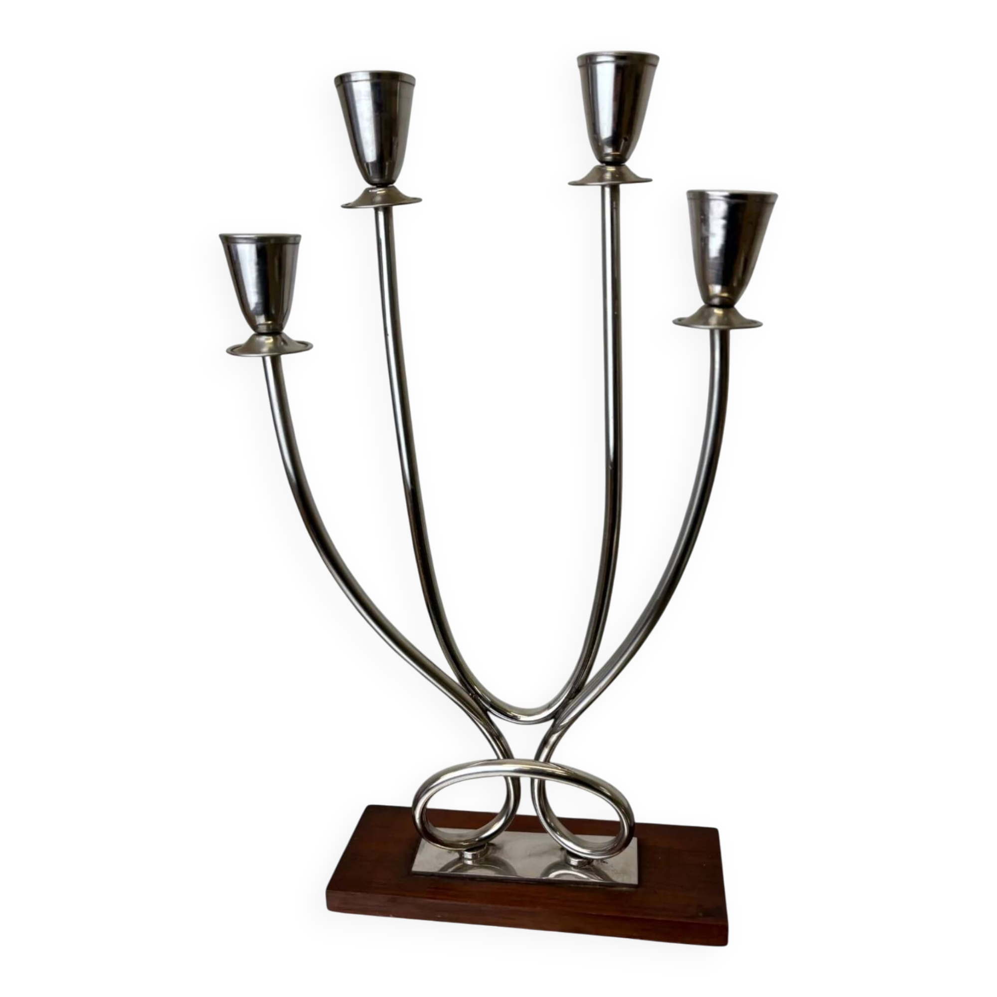 Art deco candlestick in stainless steel and rosewood, 4 flames, Spain, 1970s