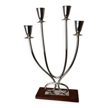 Art deco candlestick in stainless steel and rosewood, 4 flames, Spain, 1970s