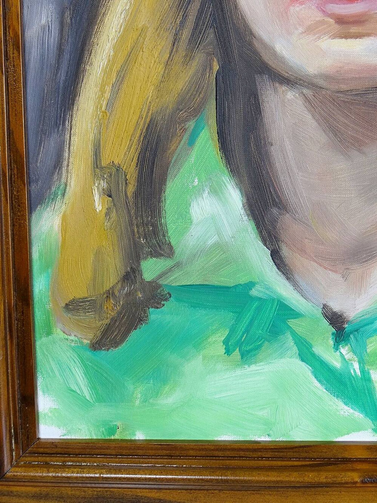 Portrait "The Woman in Green" vintage oil on canvas board framed