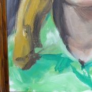 Portrait "The Woman in Green" vintage oil on canvas board framed