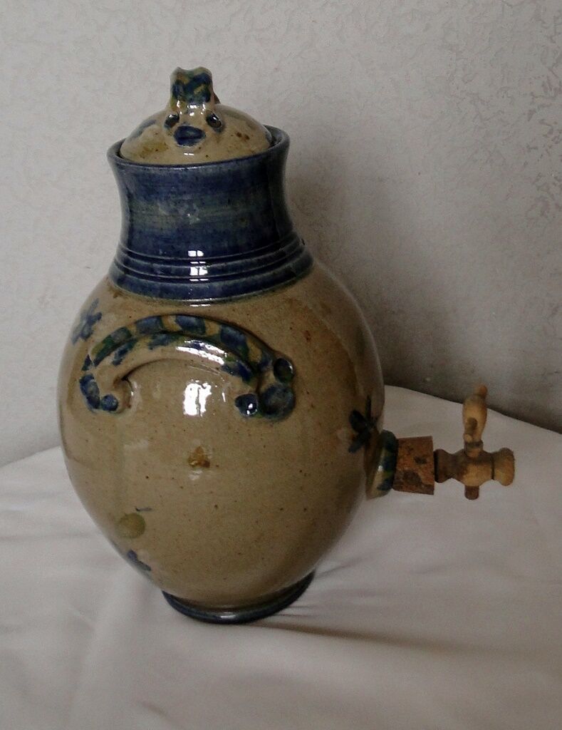 Old belly vinegar in beige and blue enamelled gres