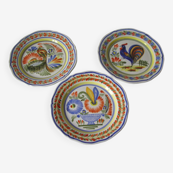 Set of 3 plates Henriot Quimper France peacock flower decoration Coq Breton farm