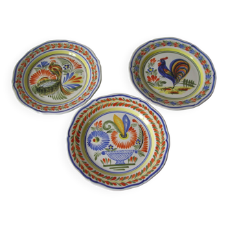 Set of 3 plates Henriot Quimper France peacock flower decoration Coq Breton farm