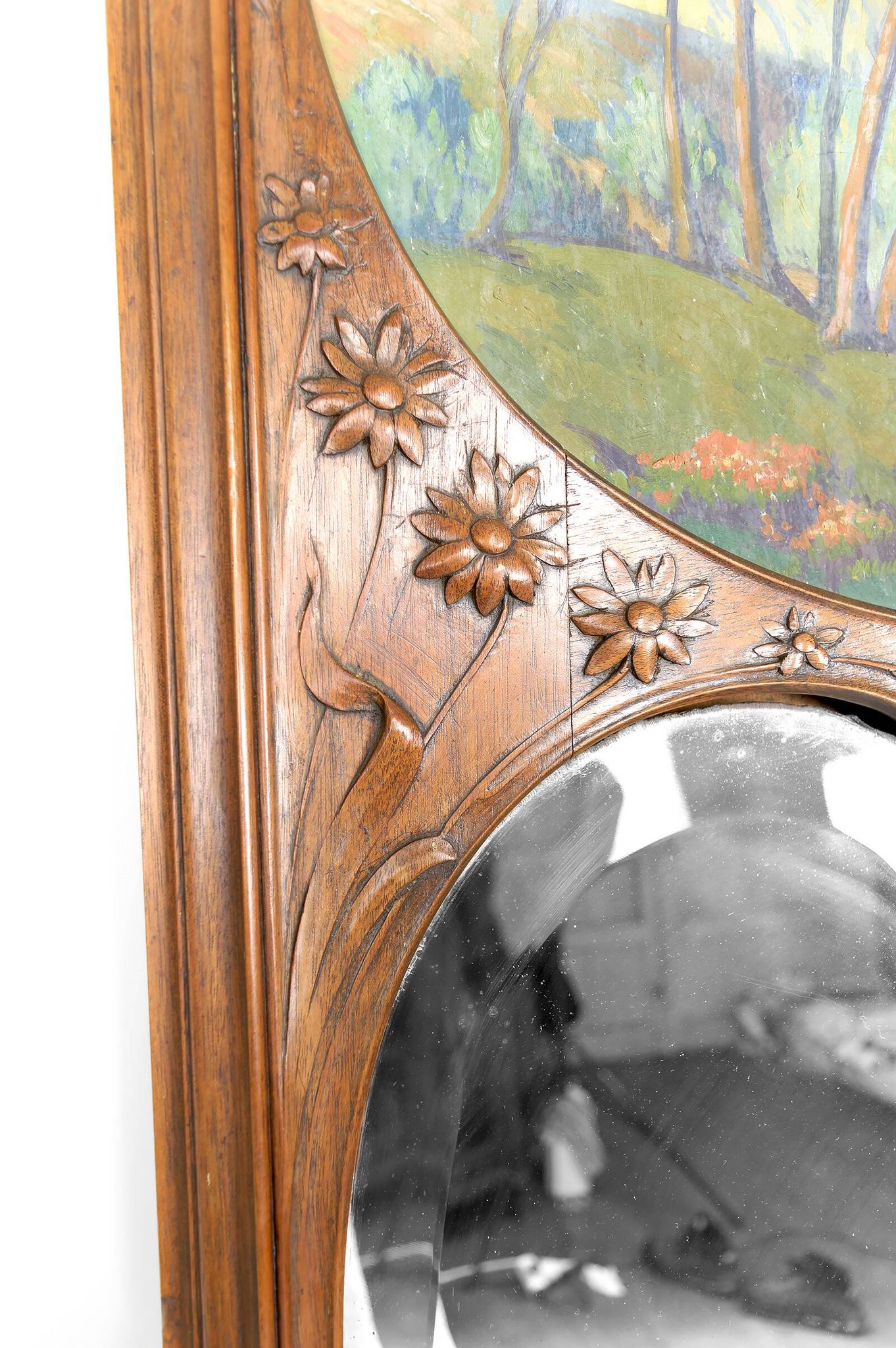 Important Carved Walnut Trumeau Mirror, Art Nouveau, France, Circa 1900