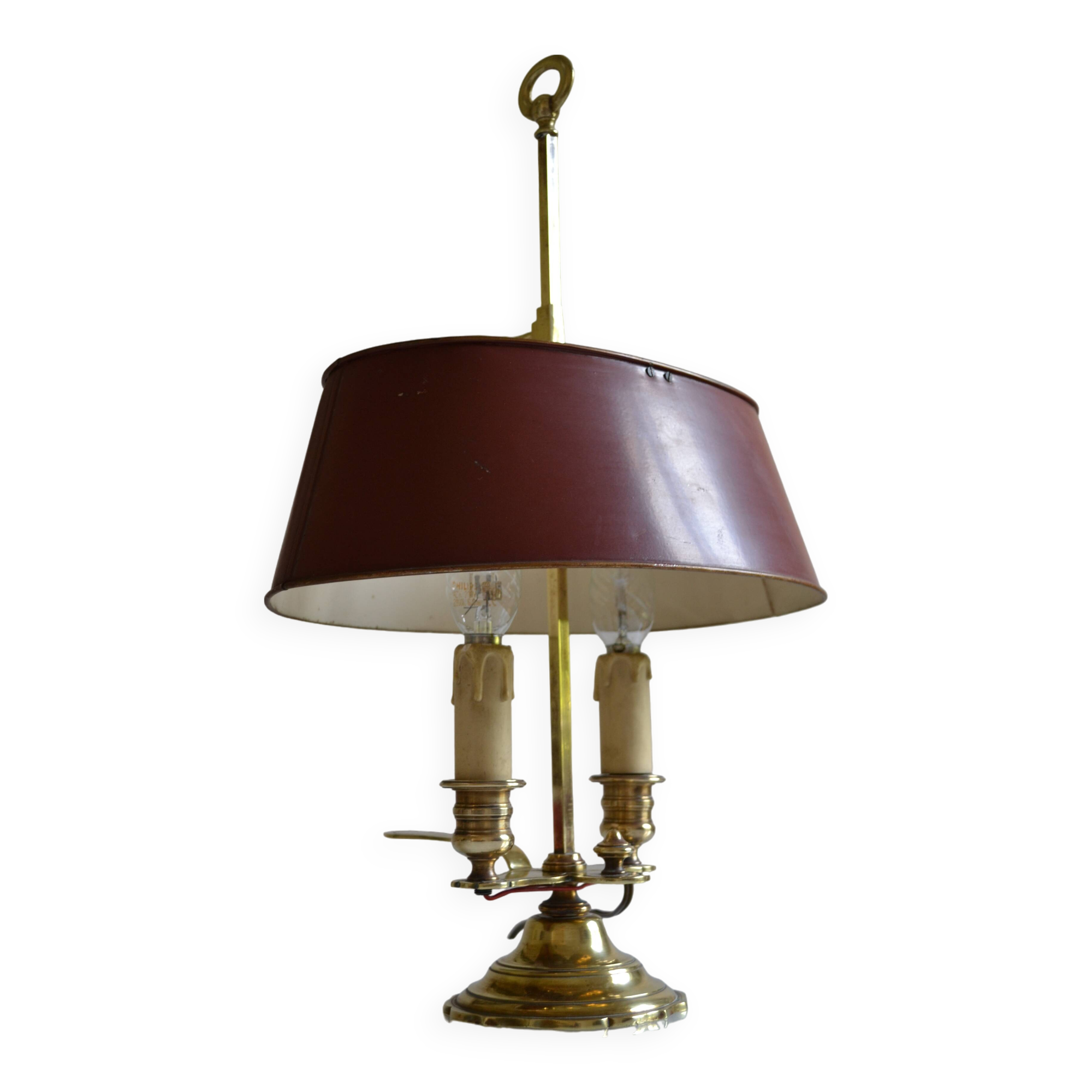 hot water bottle lamp with 2 bronze lights and burgundy sheet metal lampshade