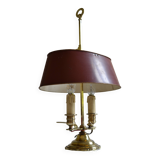 hot water bottle lamp with 2 bronze lights and burgundy sheet metal lampshade