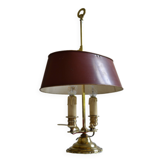 hot water bottle lamp with 2 bronze lights and burgundy sheet metal lampshade