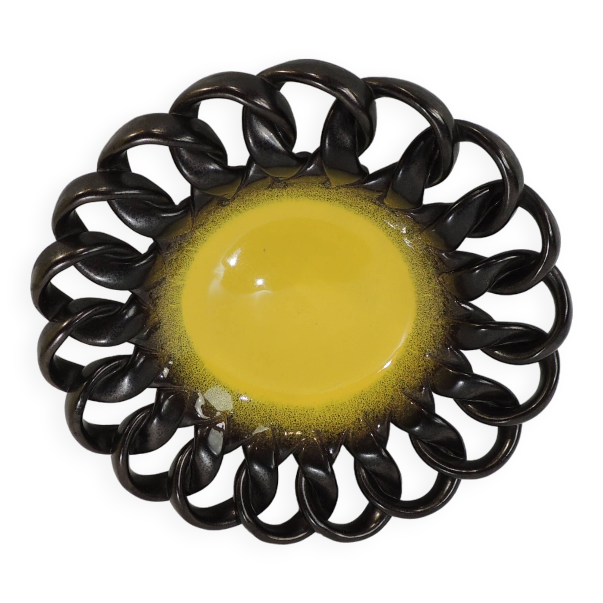 Iridescent brown and yellow braided ceramic cup/table center/Fruit bowl/Vallauris/Vintage