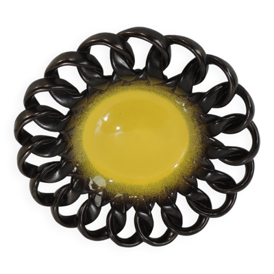 Coupe céramique tressée brun irisé et jaune/ centre de table/Coupe à fruits / Vallauris / Vintage