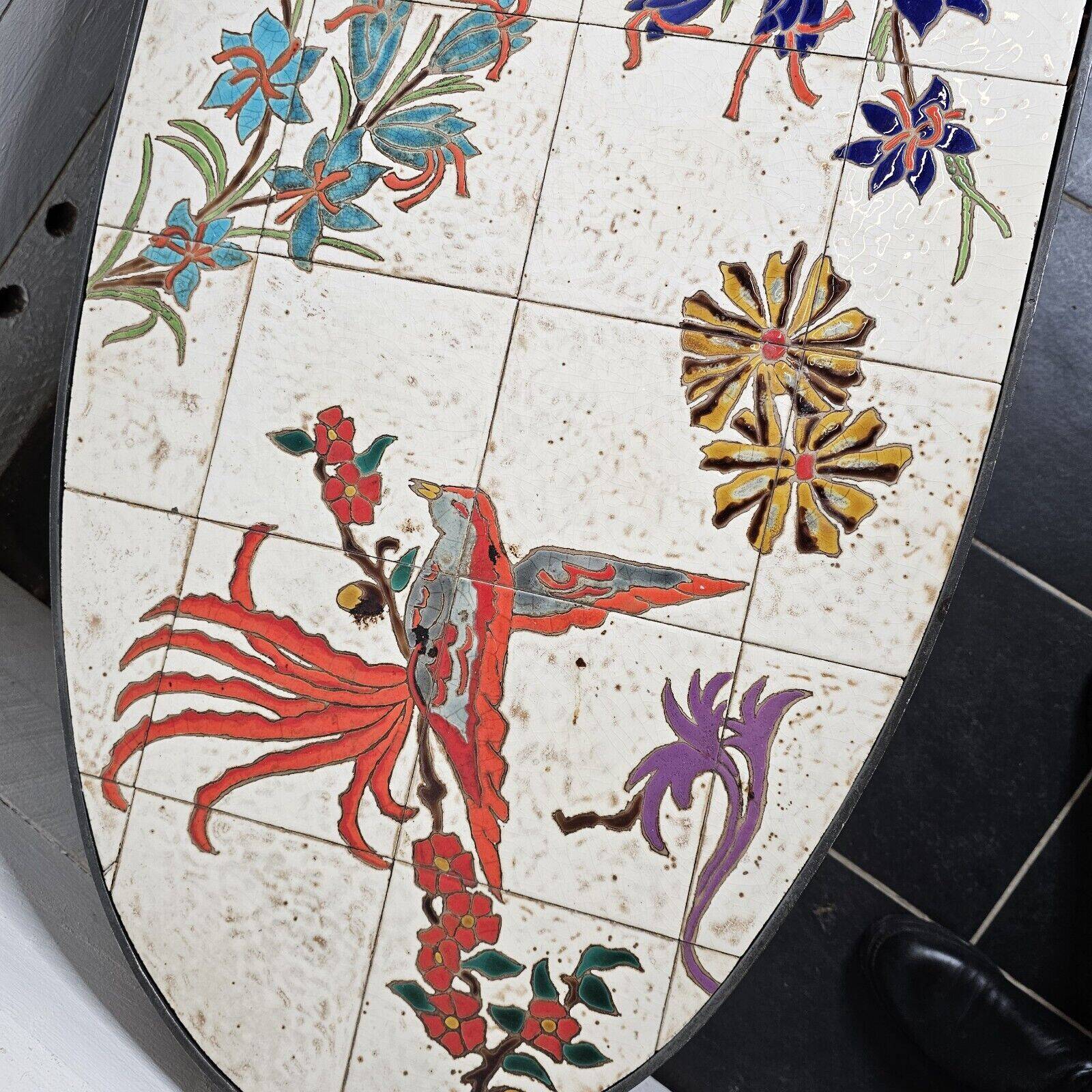 oval coffee table from the 60s, ceramic tray with decoration of flowers and birds