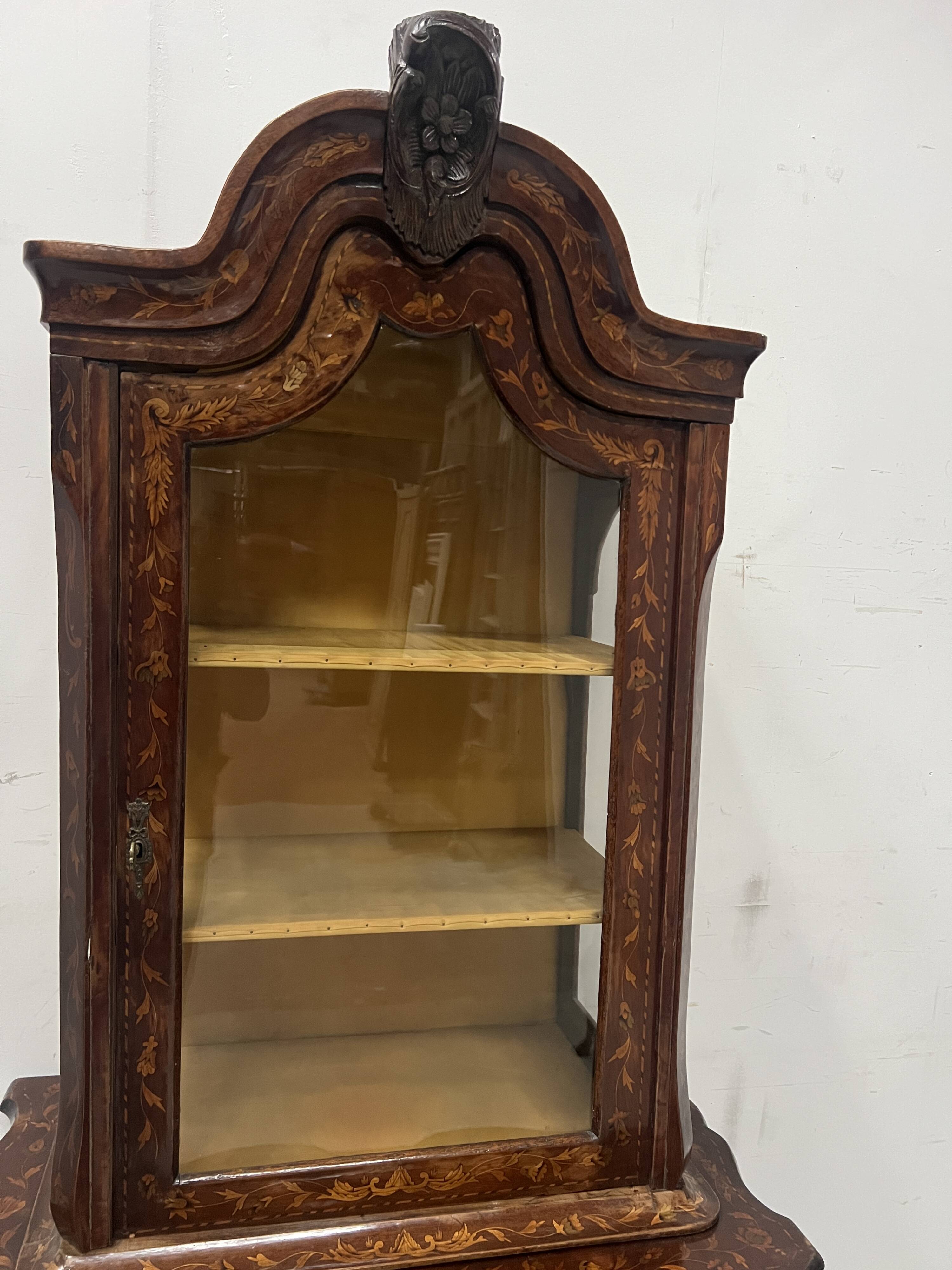 Dutch display cabinet in two parts made of marquetry wood.