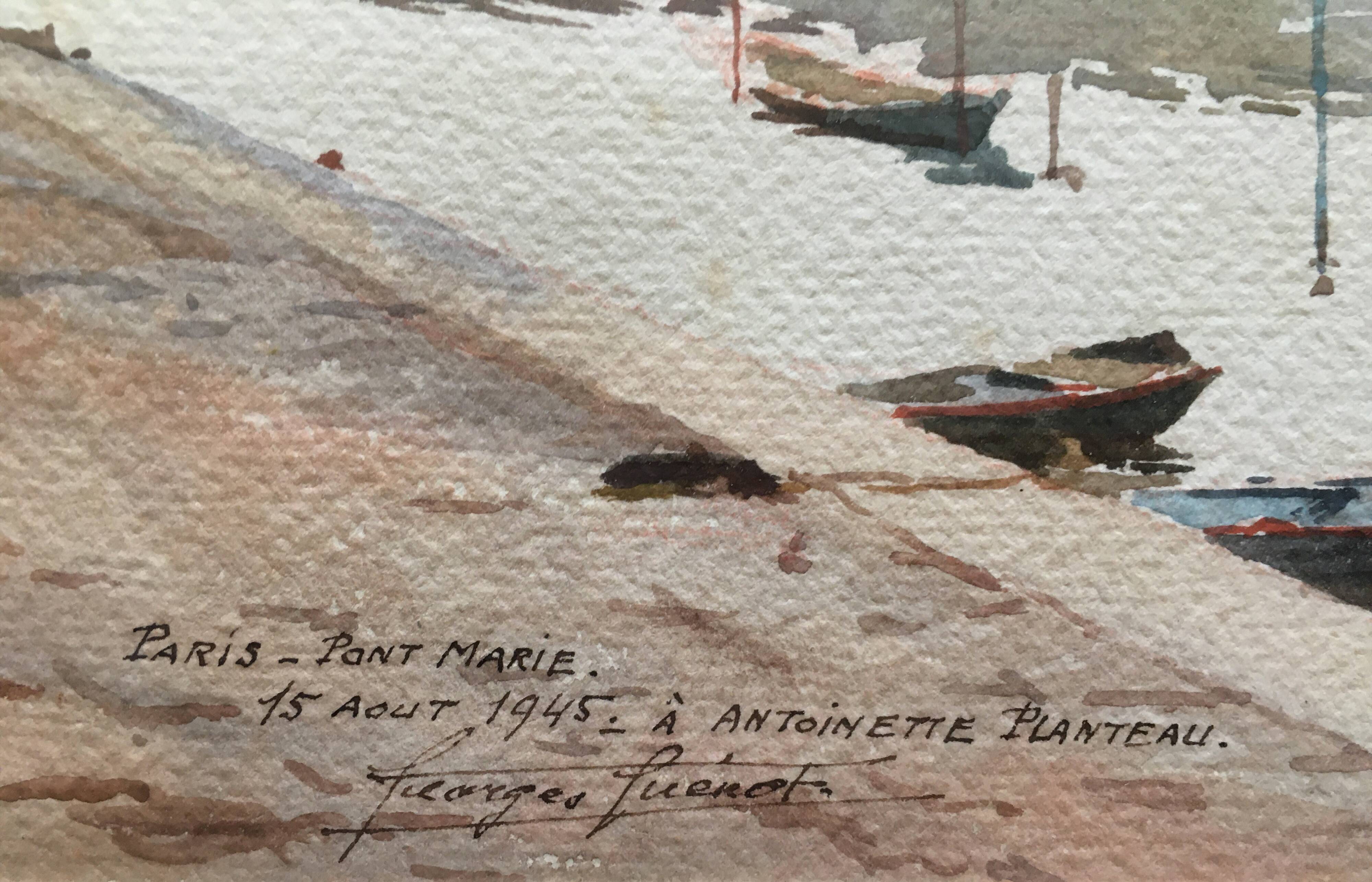 Watercolour painting Vue de Paris Pont Marie signed 1945