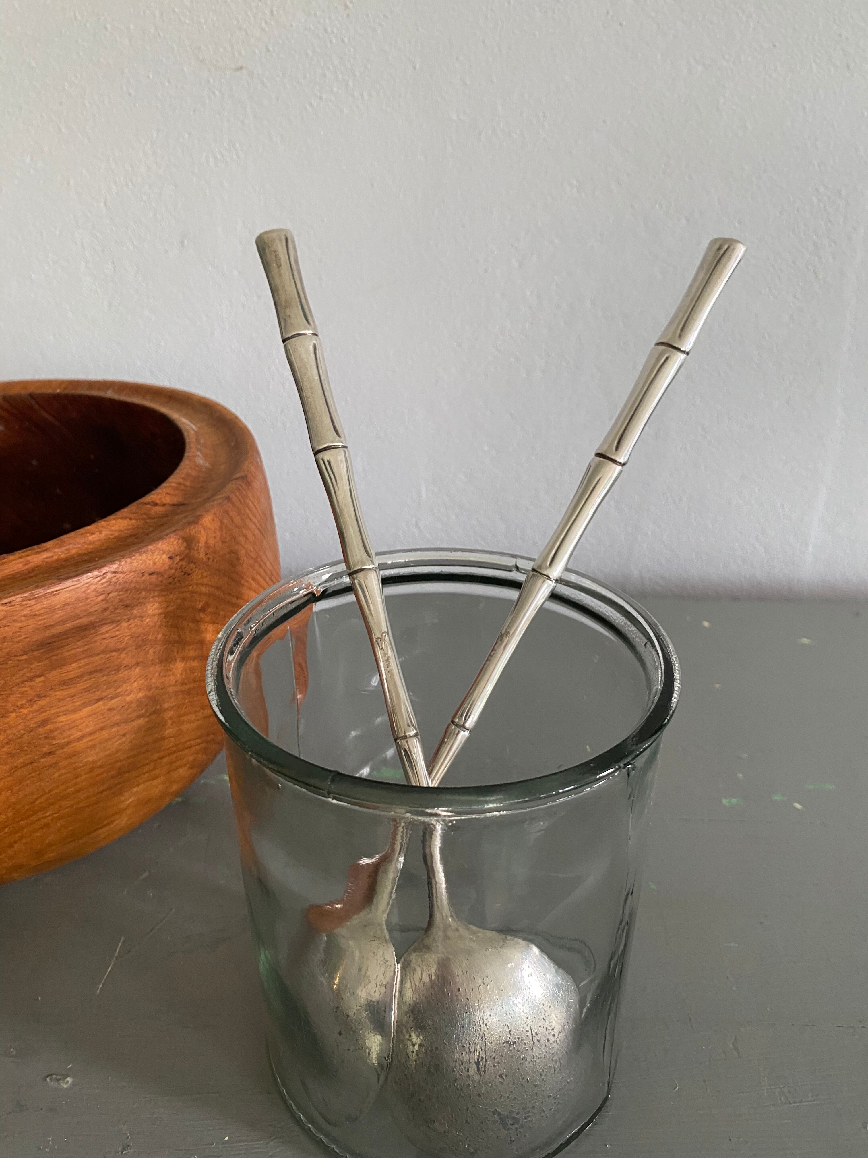 Silver metal service cutlery, bamboo model