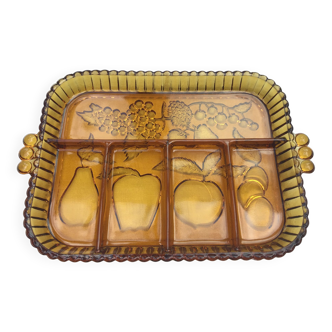 Compartment dish, amber glass aperitif servant, 70s
