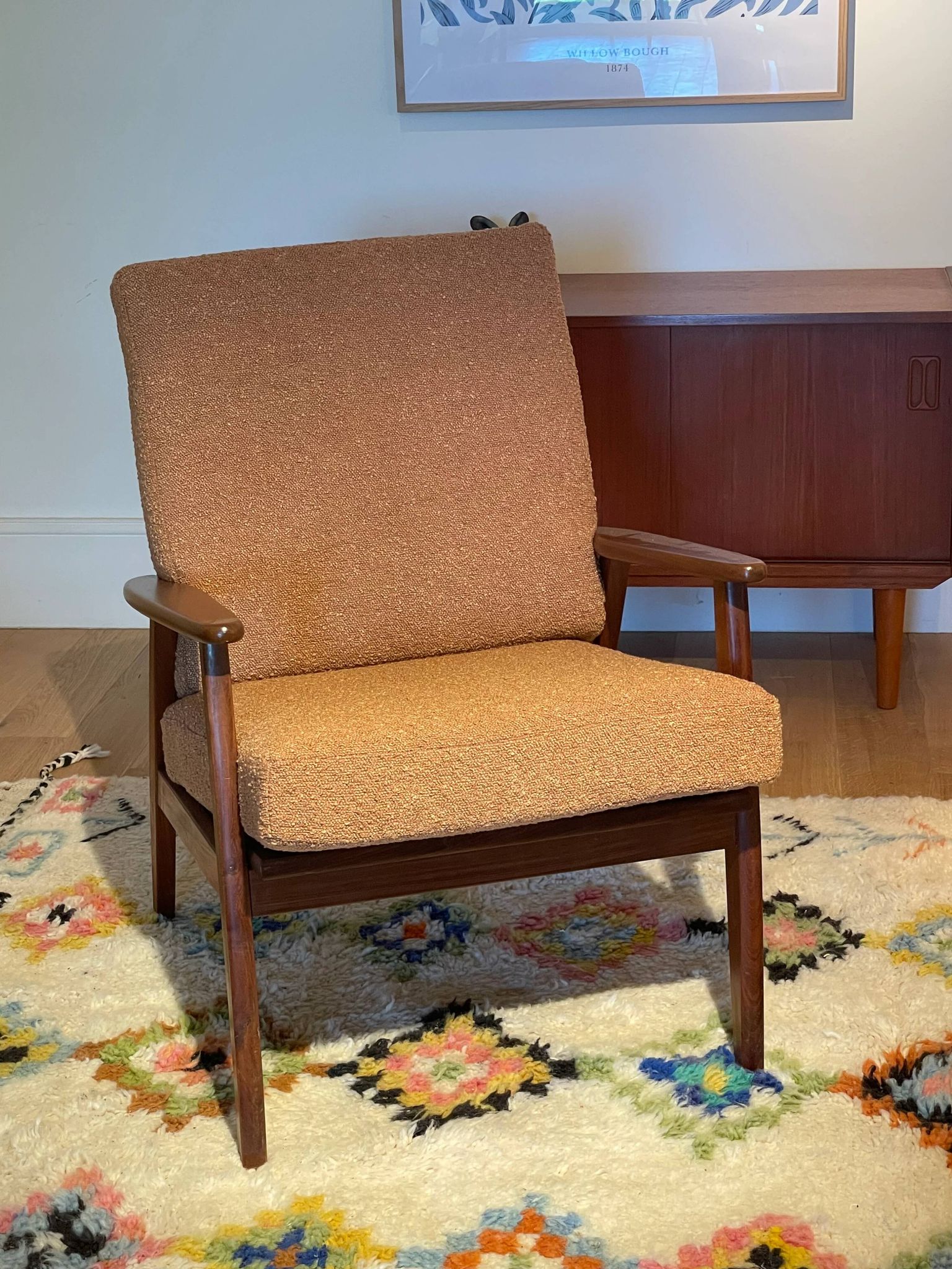 Vintage Scandinavian armchair "Theodor" in terracotta boucle.