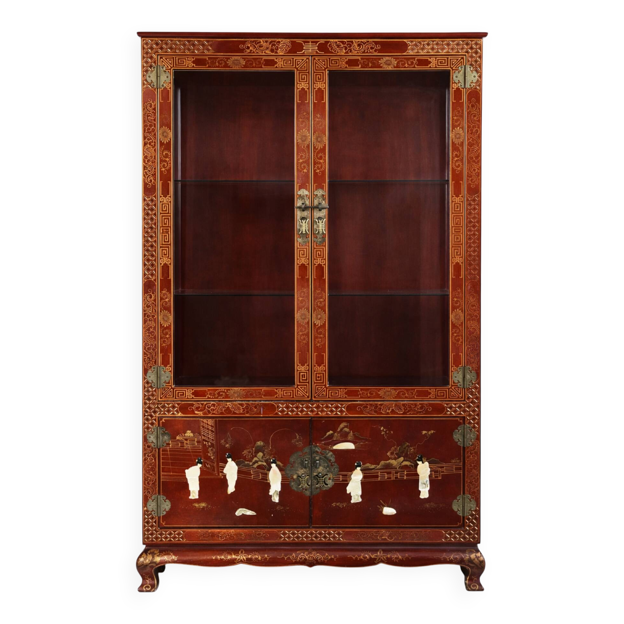 Cabinet chinois laqué rouge, décor doré & incrustations de nacre