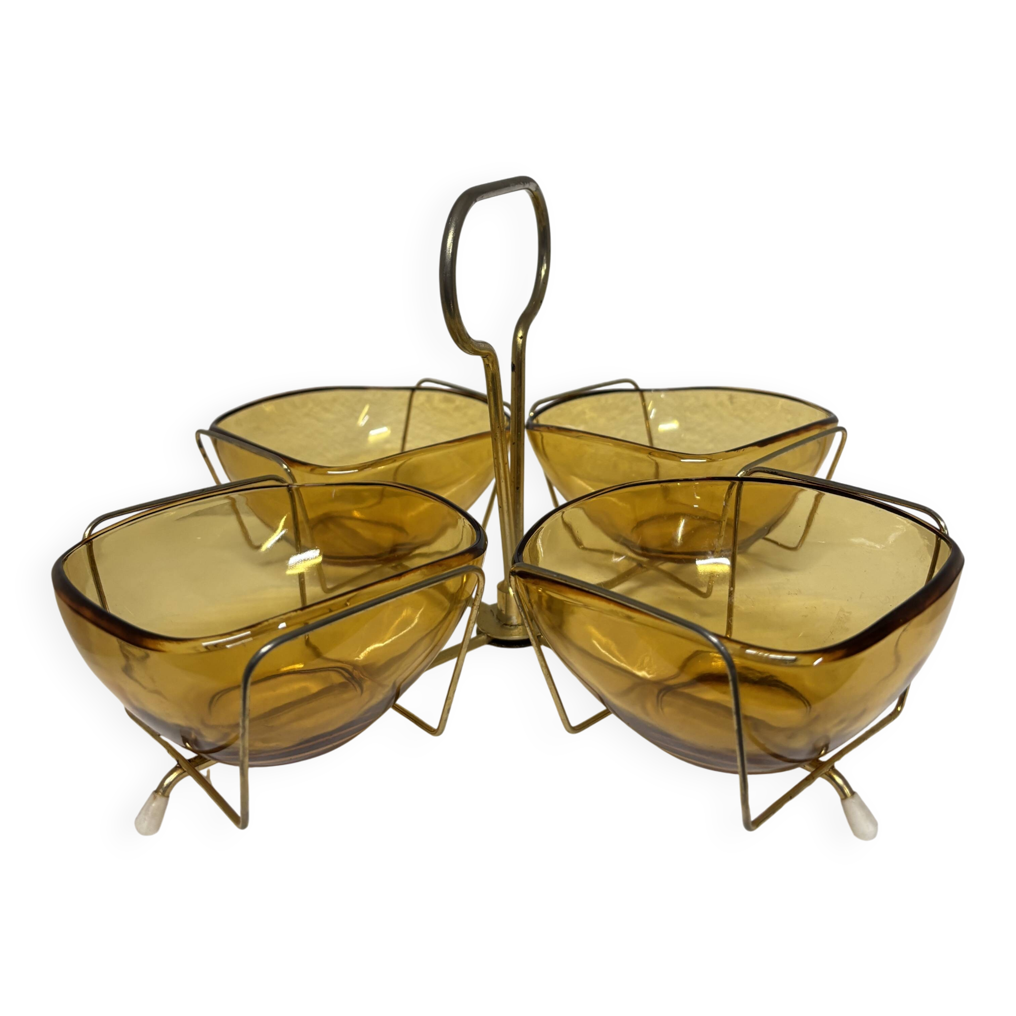 Vintage Aperitif Tray by Vereco Amber Glass and Gold Metal ⎥ 1970s